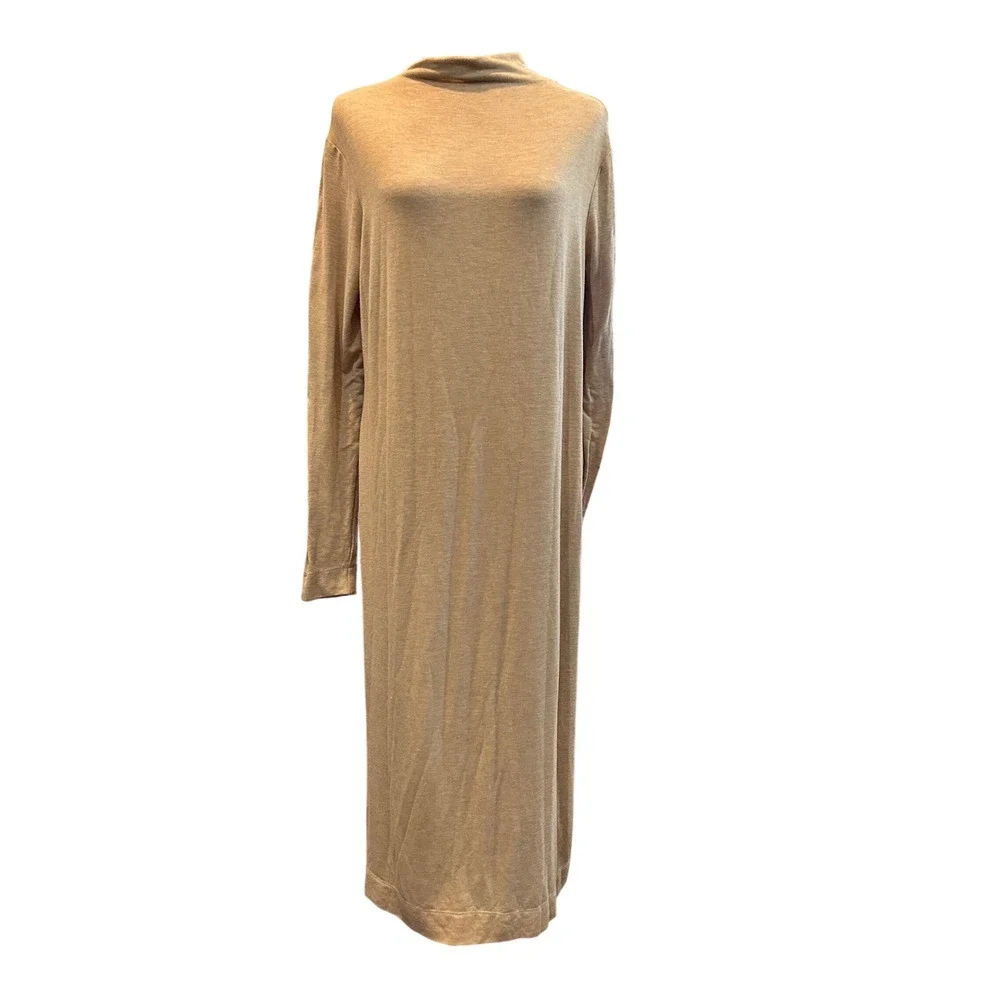 Mod Ref Long Sleeve‎ Knit Midi Dress Mock Neck Casual Comfort Beige Neutral - Picture 2 of 9